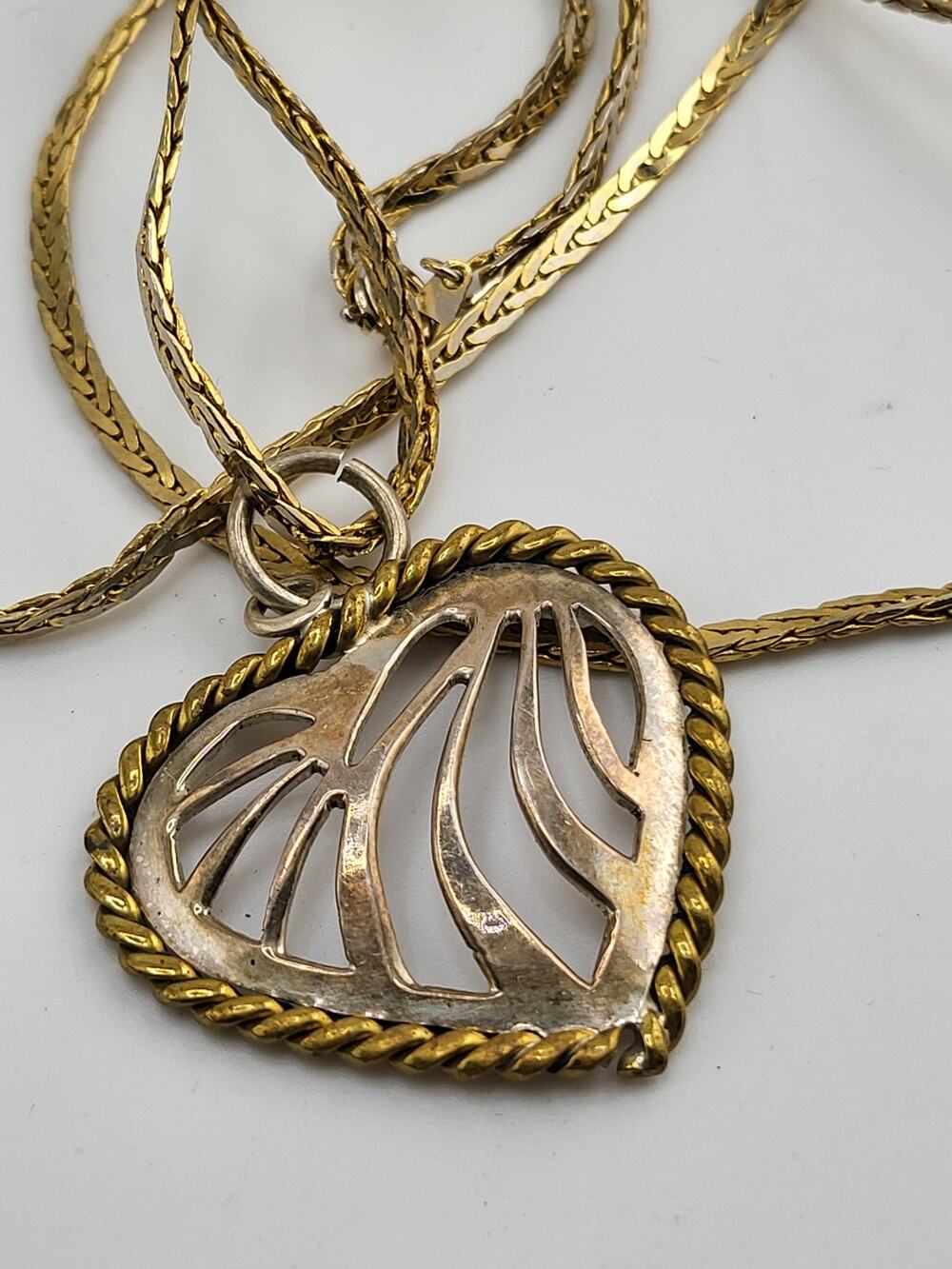 Sterling Silver Heart Necklace 925 Mexico Gold Overlay Openwork Pendant